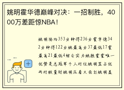 姚明霍华德巅峰对决：一招制胜，4000万差距惊NBA！