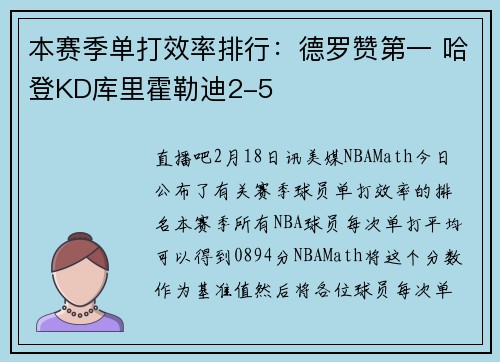 本赛季单打效率排行：德罗赞第一 哈登KD库里霍勒迪2-5