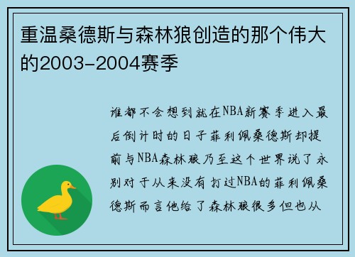 重温桑德斯与森林狼创造的那个伟大的2003-2004赛季